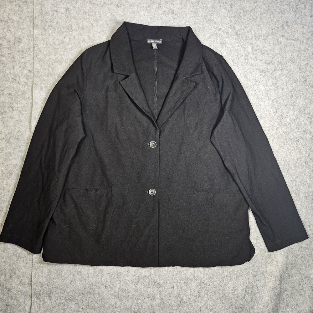 Eileen Fisher Womens Black Viscose Blend Two-Button Blazer Professional Work XL